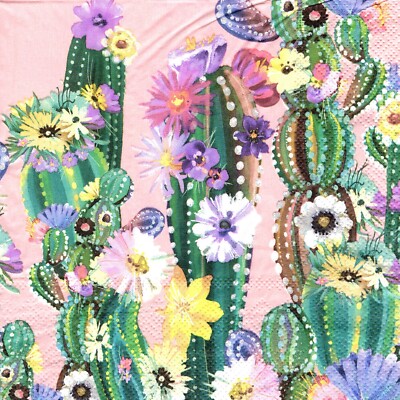 (2) Two Paper Lunch Napkins for Decoupage/Mixed Media - Desert Blossoms cacti
