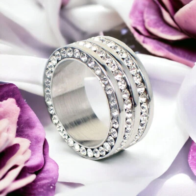Edelstahlringe Damen Ring silber Strass Massiv Modern Beauty Freundschaftsring - Bild 1 von 4
