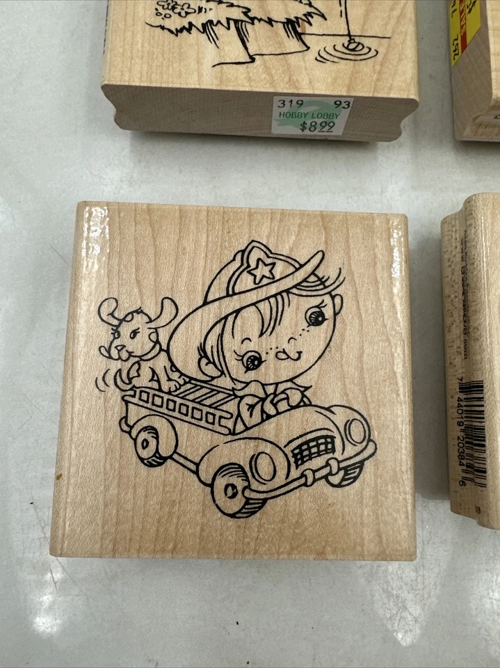 Lote de 6 estampillas de goma en bloque de madera estampillas artesanales tren pesca floral Foto 4 de 4