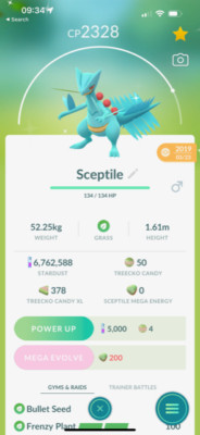 Pokemon Trade GO -  Shiny Sceptile Frenzy Plant & 3Moves for PVP Ultra league