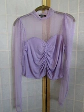 NIB Ambiance Purple Net Sleeve Ruched Front Long Sleeve Top Blouse Women's M