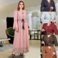 Dubai Muslim Women Open Front Zipper Abaya Dress Kaftan Robe Islamic Ramadan Eid