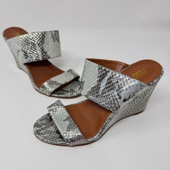 PARIS TEXAS Lamé Python-Embossed Leather Wedge Mu… - image 1