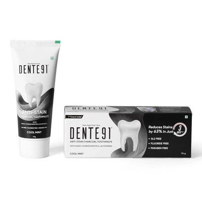 Dente 91 Anti-Stain Charcoal Toothpaste Cool Mint, Whitens 80% in 3 days, 70 gm
