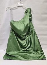David's Bridal SATIN Green One Shoulder DRESS with Ruching Pre-Owned size 18