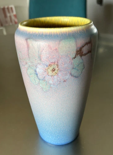 Rookwood Wax Matte Pink & Blue 7 1/4" Floral Vase 1929 Katherine Jones (KJ)