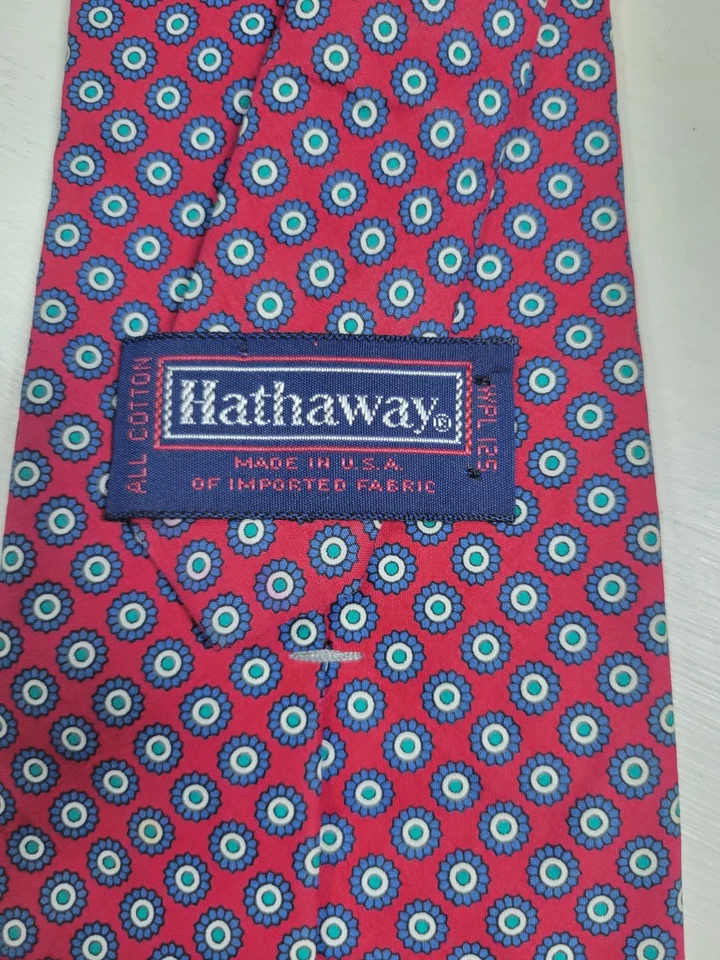 Men's Hathaway Necktie Colorful Red Geometric Flower Blue Green  100% Cotton USA - Image 2 of 3