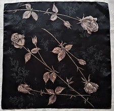 SCARF VINTAGE AUTHENTIC FLORAL ART ROSES BLACK GRAY PINK SATIN SILK 26" SQUARE
