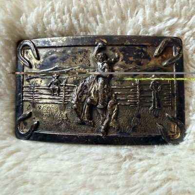 Vintage Patina Bucking Broncho Belt Buckle Rodeo Bronc Rider Horseshoe 2'' x 3''