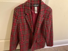 Vintage Sag Harbor Women Red Green Black Plaid Wool Blend Jacket Blazer Sz 12