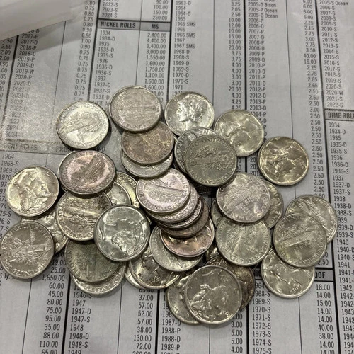 One roll of 50 Mercury Silver Dimes 1936 - 1945 Extra Fine XF to AU Uncirculated