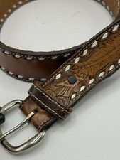 Mens Leather Belt Brown Tan Tooled Leaf Acorns Western Look White Edging