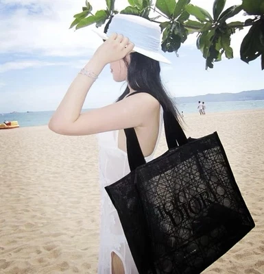 Dior beauty Exclusive net Lace Mesh Tote Summer Beach Black Cannage Design new
