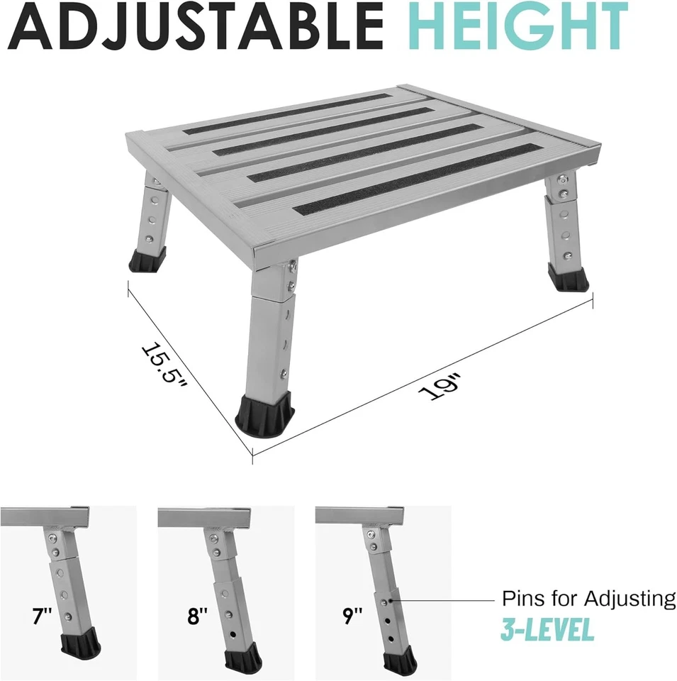 Adjustable RV Step Stool, Aluminum Platform, Non-Slip Feet - Image 4 of 4