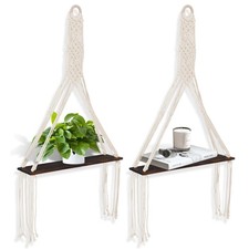 2 PCS Macrame Wall Hanging Shelf Wall Decor Set, Rustic Plant Shelf, Boho Woo...
