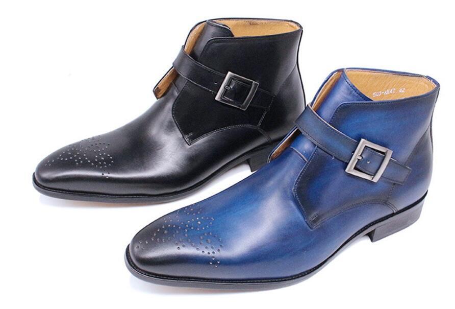 Men\'s leather boots buckle Chelsea pointed toe trendy high-top leather shoes Amazon.com | Men main image 3