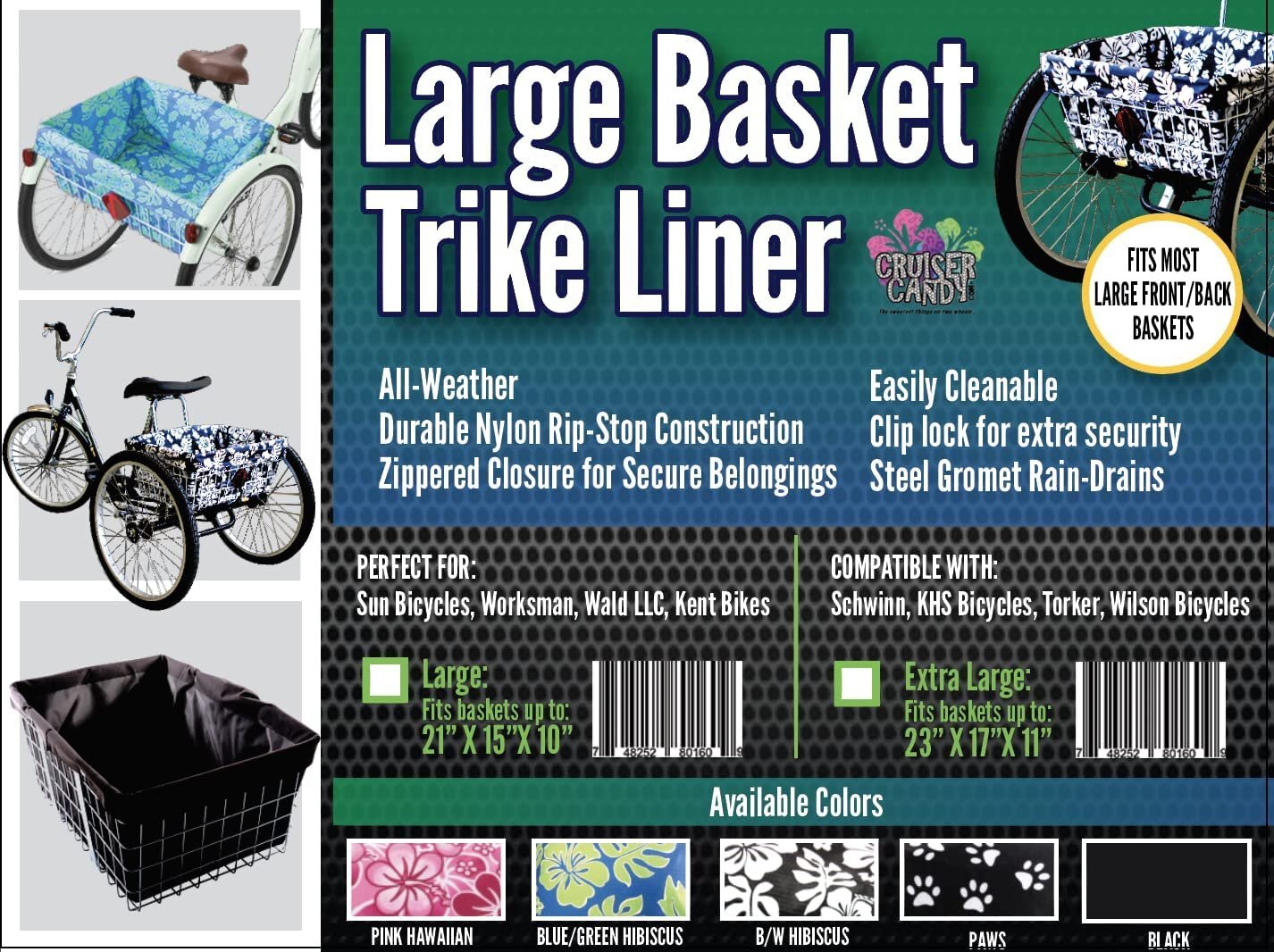 Cruiser Candy Large Basket Adult Trike Bicycle Basket Liner, Rear Extra Large...