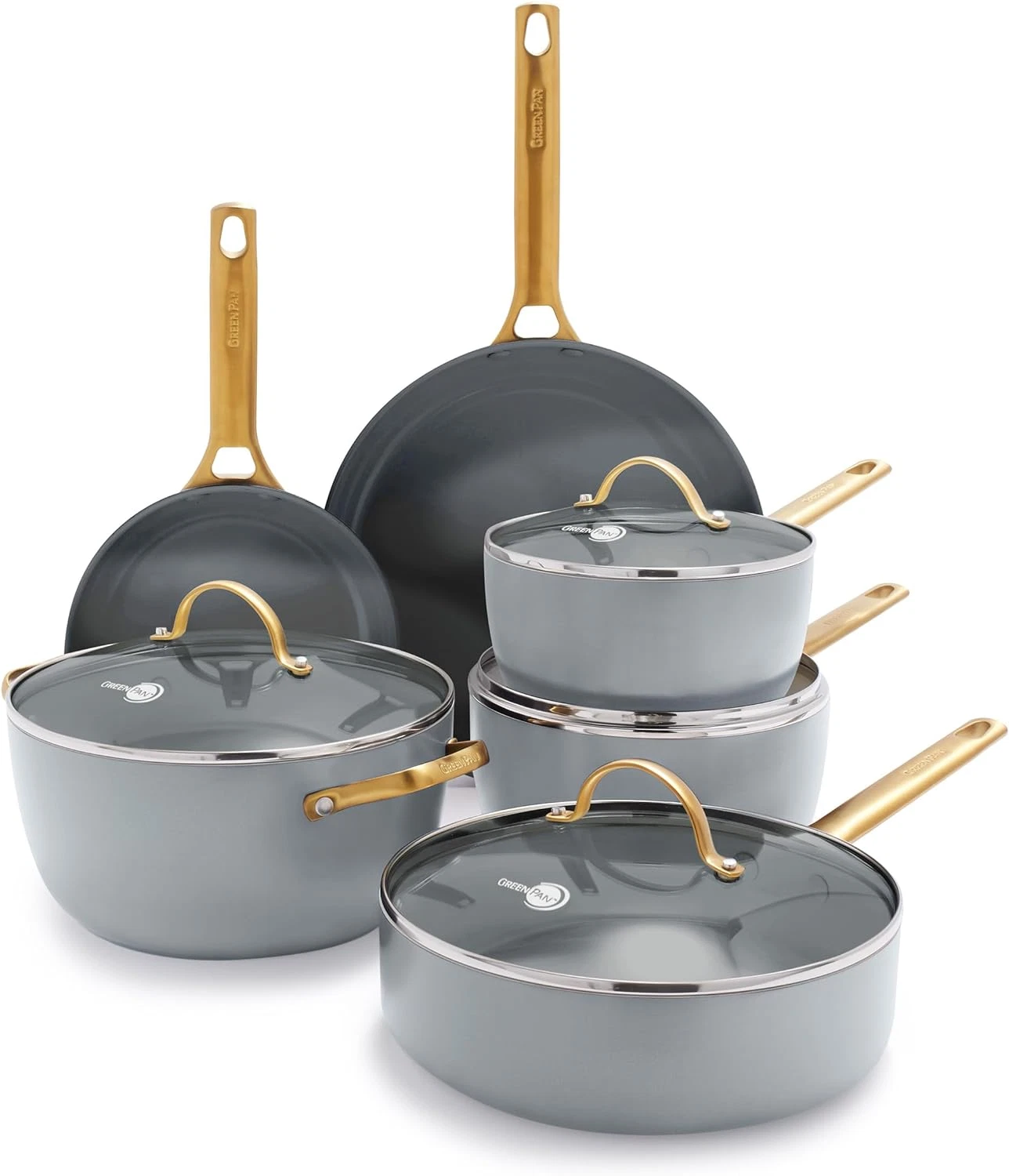 Healthy Ceramic Nonstick 10-Piece Cookware Set, Charcoal with Gold Handles