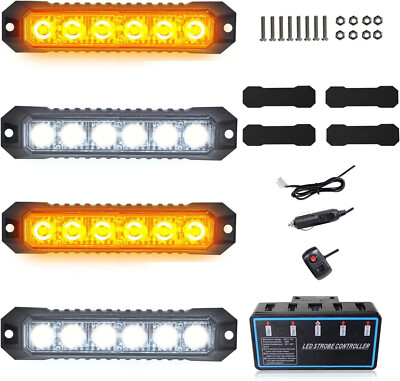 4x Offroad White Amber Strobe 6-LED Grille DRL Marker Flash Controller Light Kit