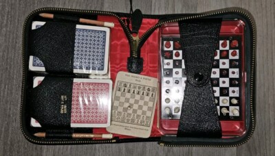 Vintage Travel Game Compendium Black Leather Hide Case HB Ltd RARE complete 