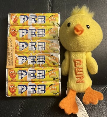 PLUSH YELLOW CHICK 4'' PEZ CANDY DISPENSER & KEY CHAIN & CANDY