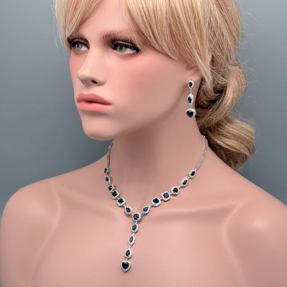 Conjunto de pendientes collar corazón azul circonita cúbica joyería nupcial colgante tono plata regalo Foto 2 de 4