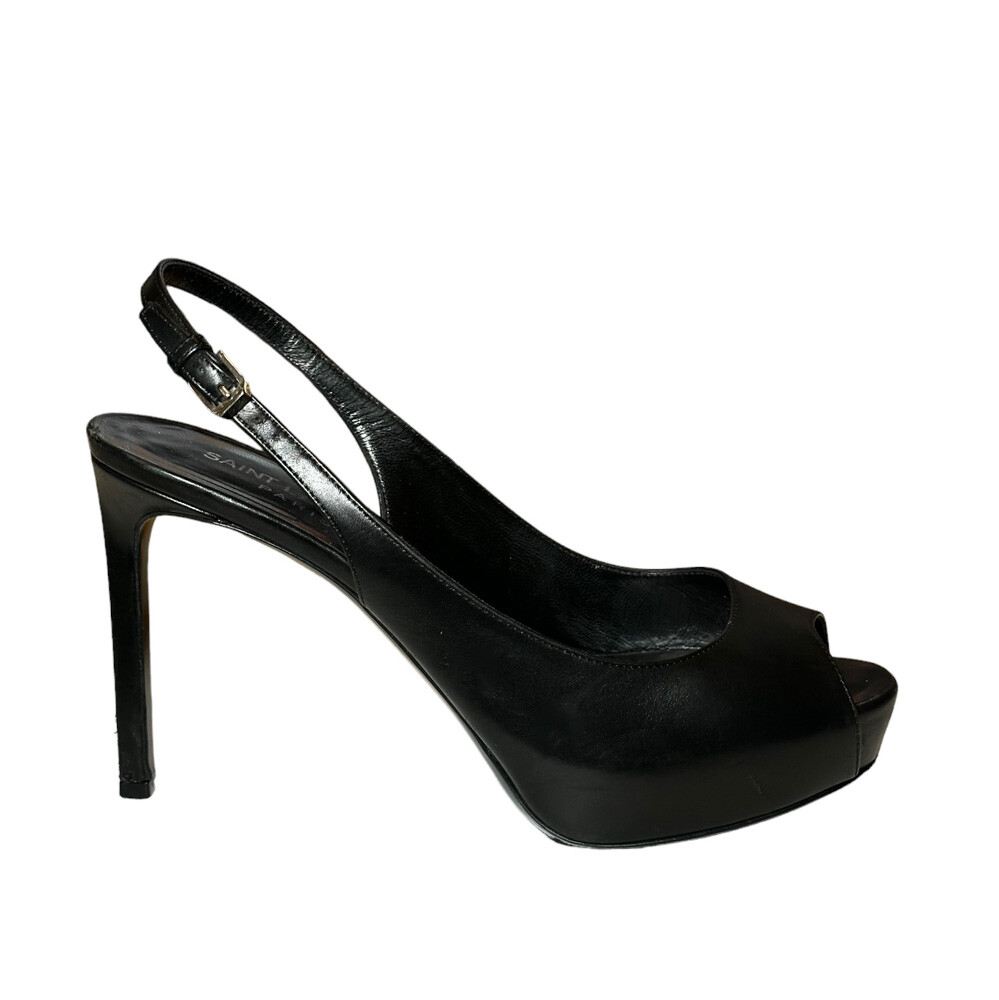 Saint Laurent Black Leather Peep Toe Slingback Platform Heels