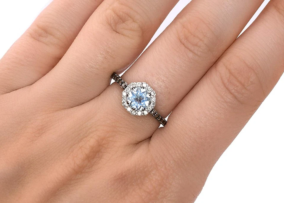 Anillo LeVian Azul Aguamarina Chocolate Diamantes Corte Redondo Halo Oro Blanco 14K  Foto 3 de 4