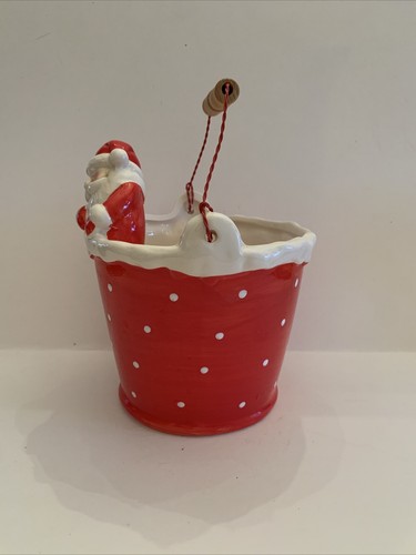 Vintage Christmas Ceramic Santa Bucket With Handle/Christmas Decor/Red/White - Picture 6 of 8