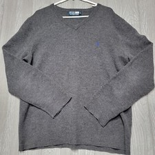VTG Polo Ralph Lauren Sweater Men's XL 100 Lambs Wool Knit V-Neck Gray Italian