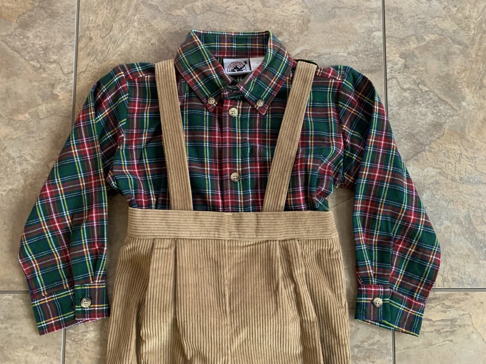 Pantalones de pana marrón Good Lad Boys 4T con tirantes y camisa a cuadros conjunto vacaciones Foto 2 de 4