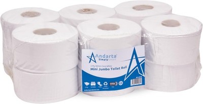 Andarta - 62 mm Kern 2-lagig Mini Jumbo weiß Toilettenpapier - 12er Pack hohe Kapazität