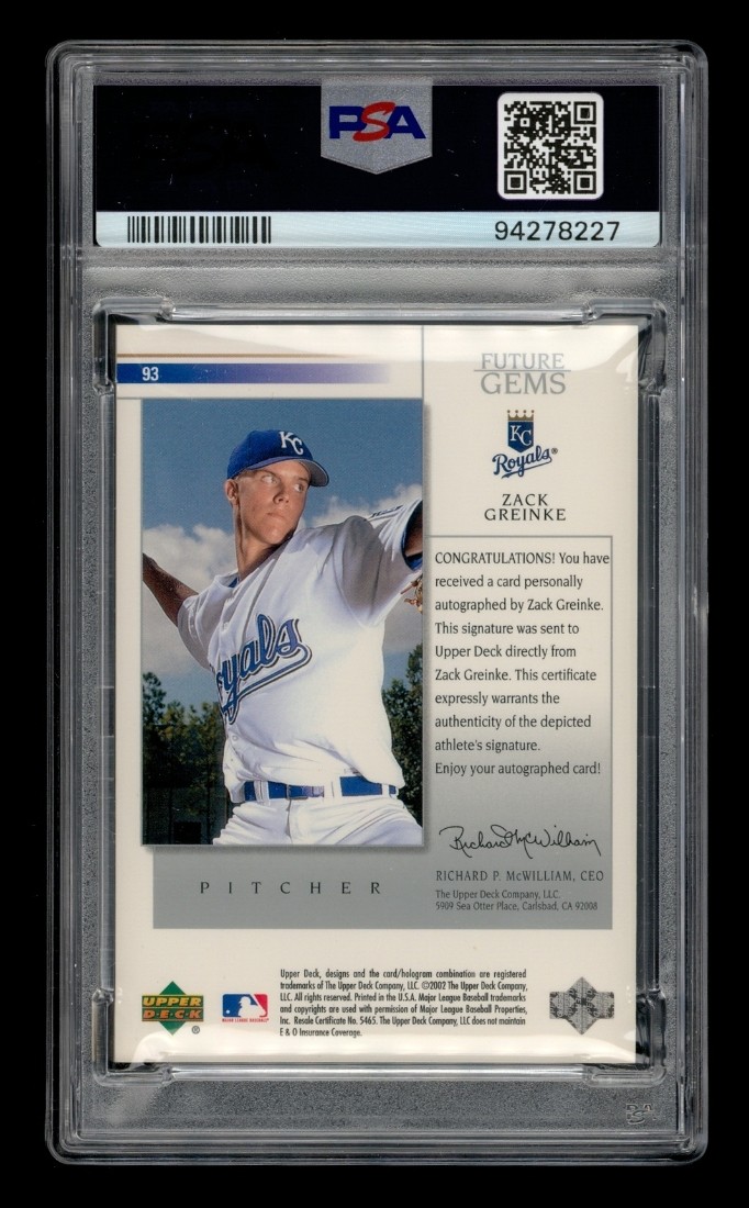 2002 Upper Deck Prospect Premieres: # 93 Zack Greinke Autograph PSA 10 GEM MINT view 2