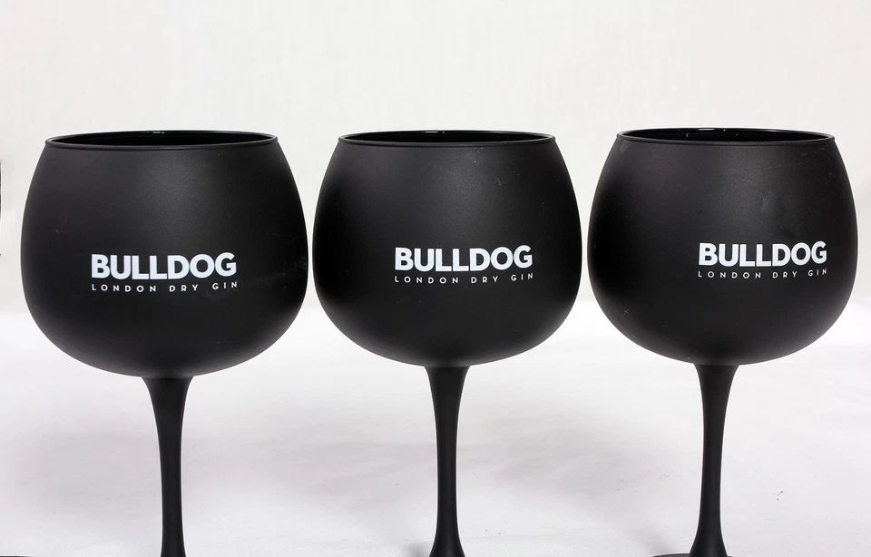 Bulldog London Dry Gin Glasses X 3 Matt Black Official VGC! - Image 2 of 4