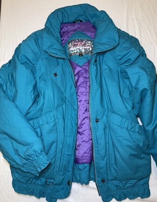 Vintage Outer Edge Teal Ruched Insulated Jacket Zip Snap Purple Lined Women M