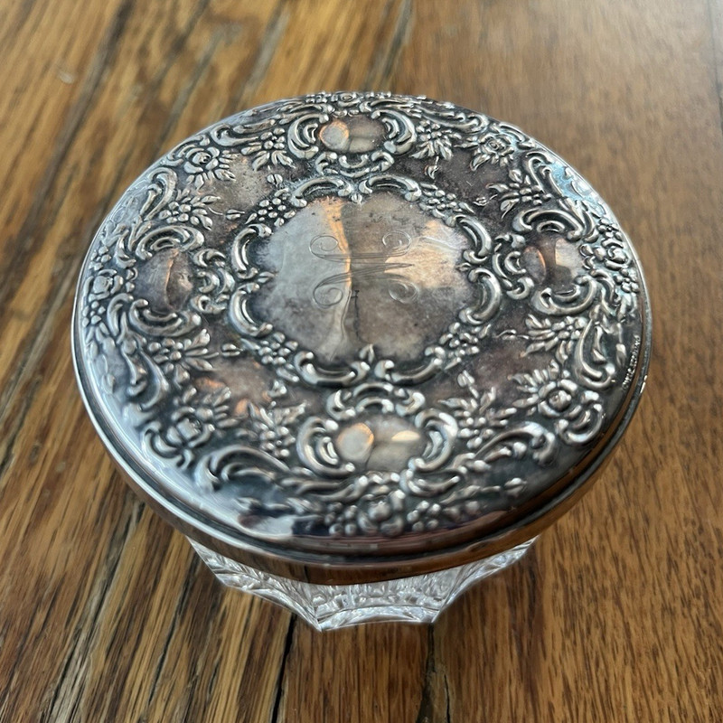 Glass Powder Jar w/ Ornate Silverplate Lid, Approx 2" Tall x 3" Diameter