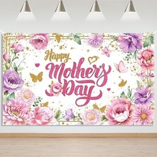 Happy Mother's Day Banner - Thanks Mother Party Backdrop, Pink Floral Mom's Day
