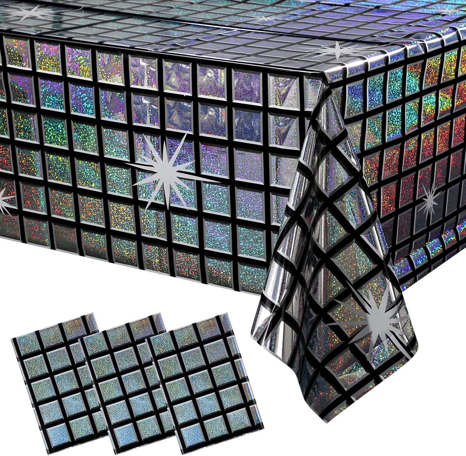 3 Pack Disco Tablecloth Party Decorations, Shiny Iridescent 