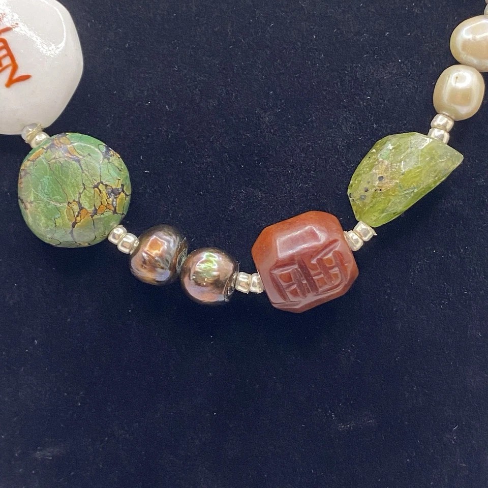 Collar Raro Glory’s Hecho a Mano Artesanal Tema Asiático Perla Genuina Turquesa 925 Foto 3 de 4