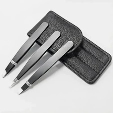 Tweezers Set 4-Piece Professional Black Plucker Stainless Steel With Case