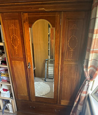 Brown Wooden Freestanding Wardrobe 3 Doors Mirror Drawer Rail Shelf Bedroom