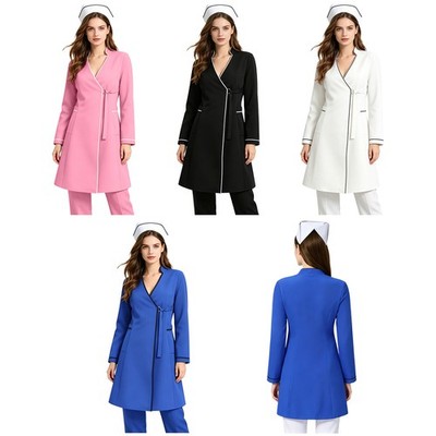 Women Jacket Chic Work Shirt Smooth Fabric Scrub Dress Contrast Trim T-Shirt
