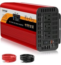 1500W Pure Sine Wave Inverter, 12V/24V Auto-Detect, 50Hz/60Hz Switchable, LCD...