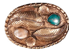Native American Navajo-Style Belt Buckle: Turquoise Inlay w Intricate Metalwork