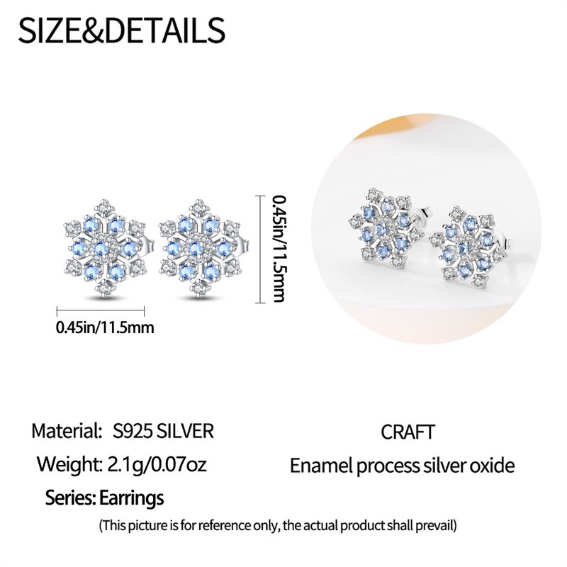 KUNSIR 925 SterlingSilver Blue Cubic Zirconia Snowflake Stud Earrings Women Gift