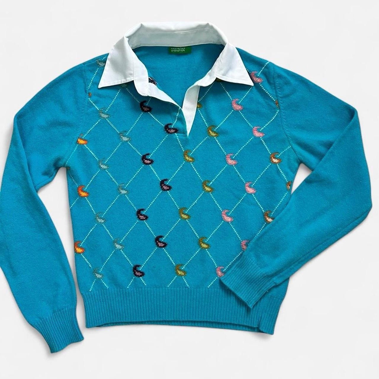 Benetton Blue Argyle Collared Pullover Sweater Wo… - image 1