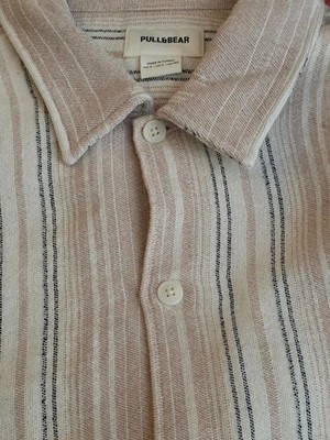 Pull&Bear Men's Sahara design Long Sleeve buttons Stripe Beige Made in Turkey L