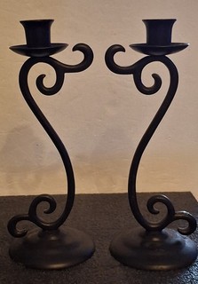 Vintage Matching Pair of Decorative Black Metal Candlesticks Holders