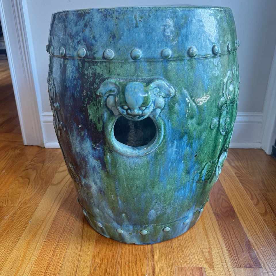 Taburete de jardín de cerámica patrón de loto redondo esmalte turquesa verde de colección PESADO Foto 2 de 4