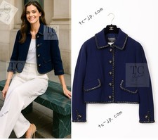 CHANEL 92A Vintage LIMITED Navy Leather Braid Trim Jacket CC Gold Button 38 40